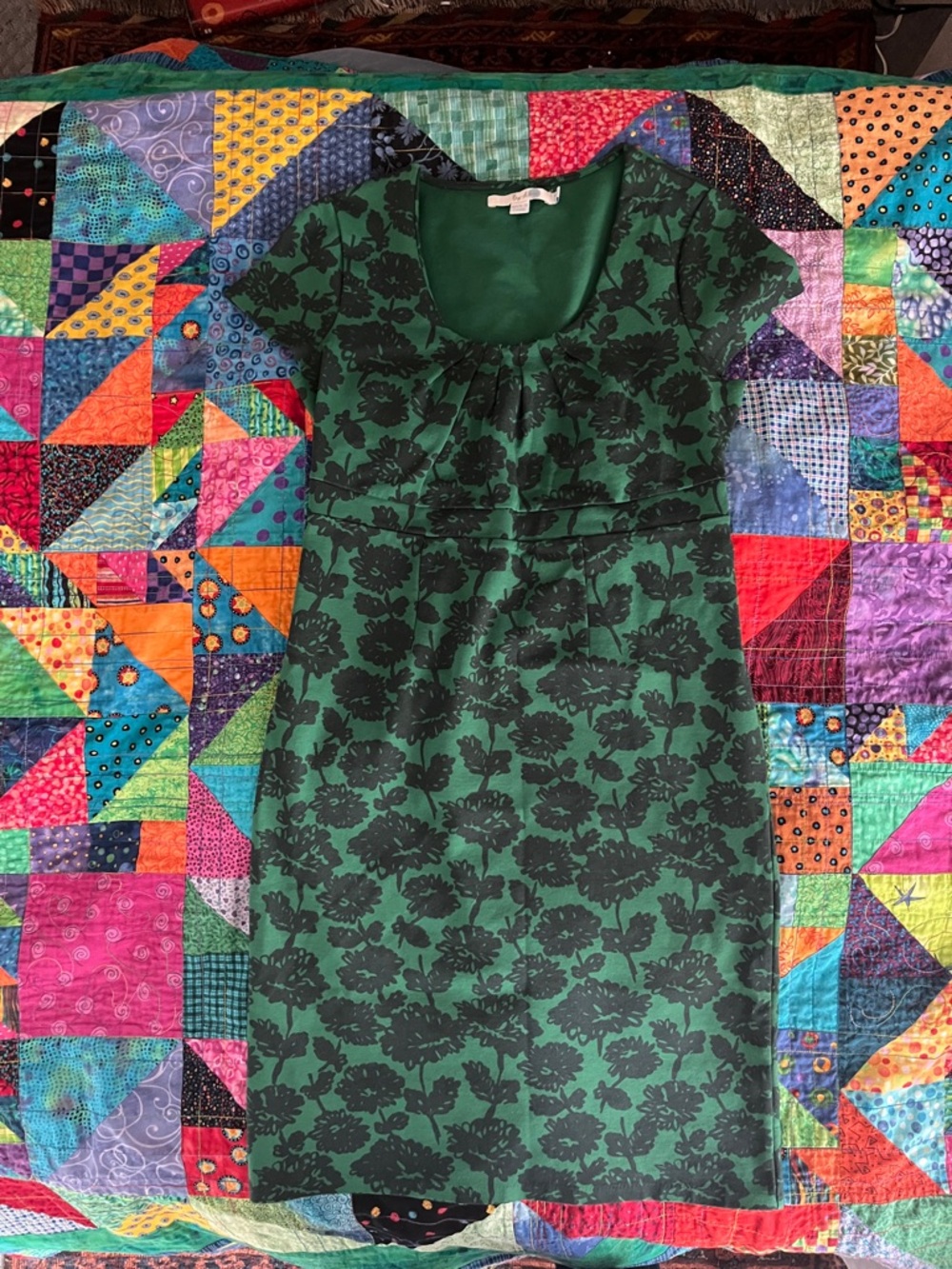 Boden Green and Black Floral Empire-Waist Midi Dress